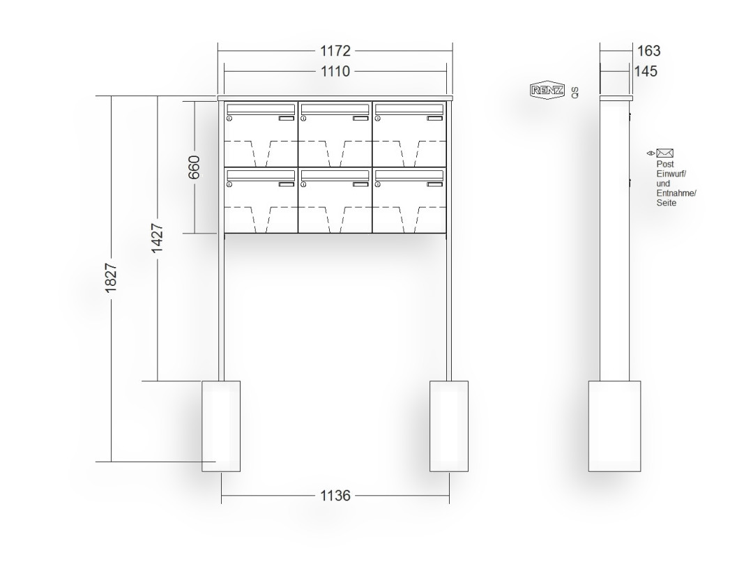 RENZ Briefkastenanlage freistehend · 6-teilig 370 × 330 × 145 mm Edelstahl Tetro RENZ Briefkastenanlage freistehend · 6-teilig 370 × 330 × 145 mm Edelstahl Tetro
