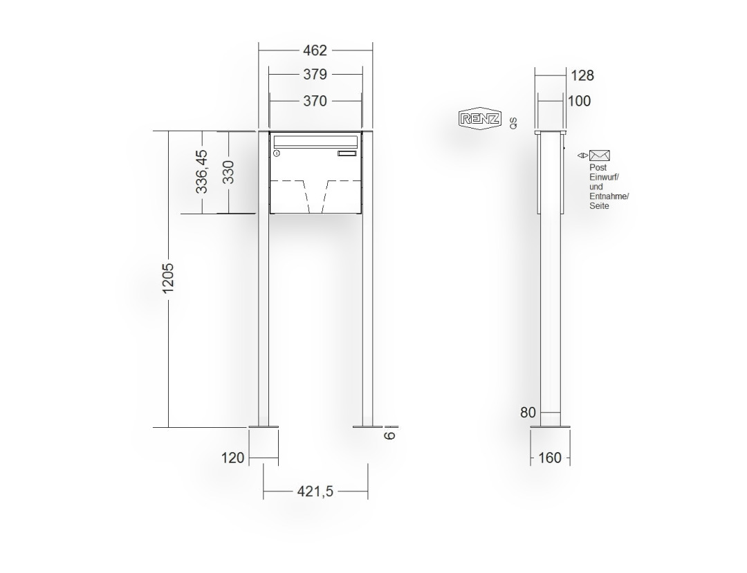 RENZ Briefkastenanlage freistehend · BASIC (B) · 1-teilig 370 × 330 × 100 mm FS. Typ B Edel. mit Fußplatte RENZ Briefkastenanlage freistehend · BASIC (B) · 1-teilig 370 × 330 × 100 mm FS. Typ B Edel. mit Fußplatte