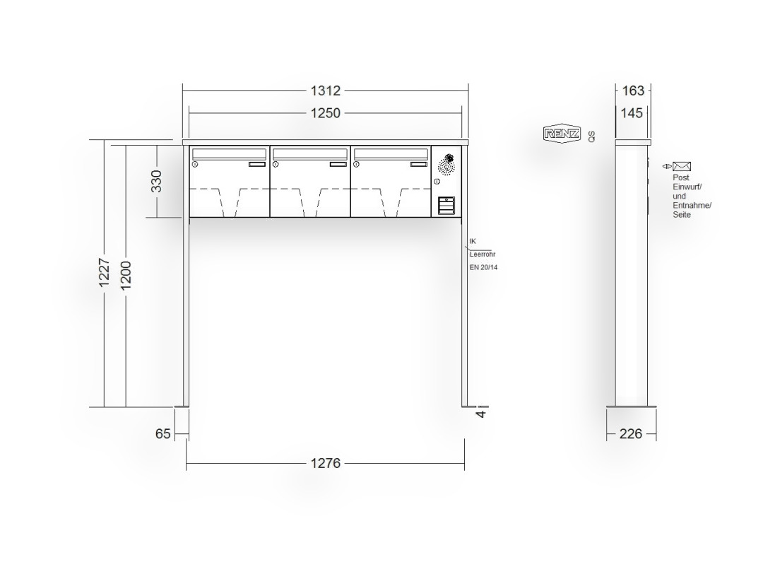RENZ Briefkastenanlage freistehend · 3-teilig Installationskasten rechts 370 × 330 × 145 mm Tetro lackiert mit Fuß RENZ Briefkastenanlage freistehend · 3-teilig Installationskasten rechts 370 × 330 × 145 mm Tetro lackiert mit Fuß