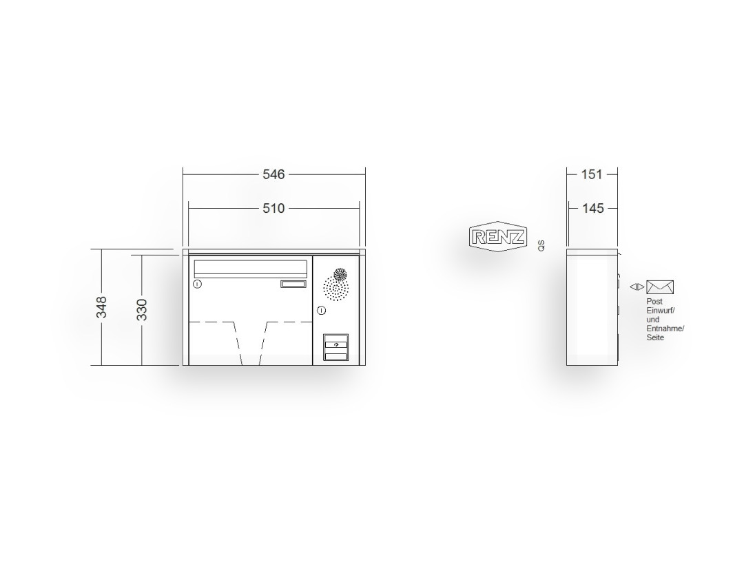 RENZ Briefkastenanlage Aufputz · 1-teilig Installationskasten rechts 370 × 330 × 145 mm QUADRA lackiert RENZ Briefkastenanlage Aufputz · 1-teilig Installationskasten rechts 370 × 330 × 145 mm QUADRA lackiert