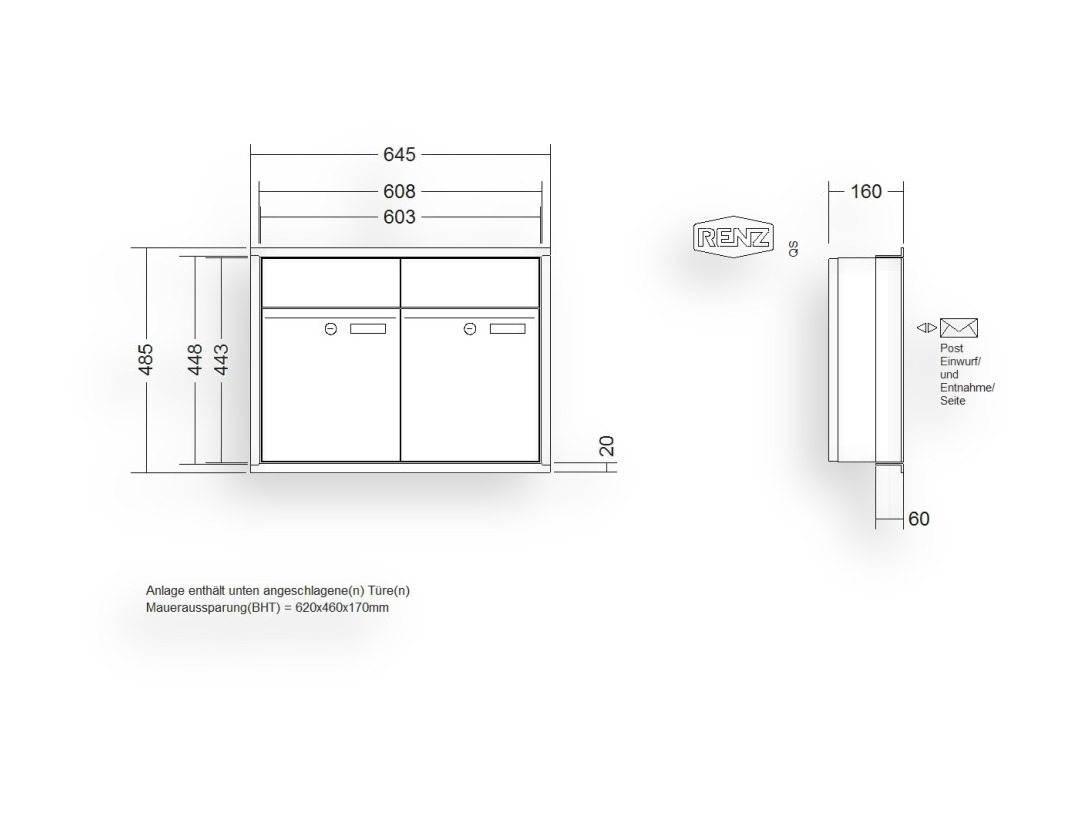 RENZ Briefkastenanlage Unterputz · 2-teilig RENZ PLAN 300 × 440 × 160 mm UP Edelstahl RENZ Briefkastenanlage Unterputz · 2-teilig RENZ PLAN 300 × 440 × 160 mm UP Edelstahl