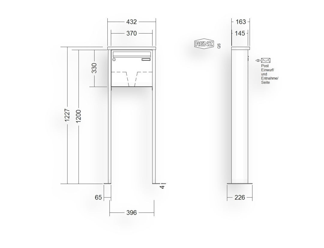 RENZ Briefkastenanlage freistehend · 1-teilig 370 × 330 × 145 mm Tetro lackiert mit Fuß