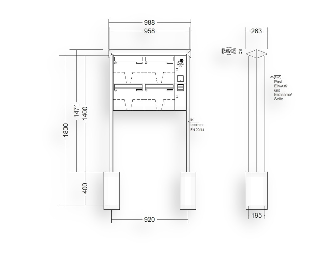 RENZ Briefkastenanlage freistehend · 4-teilig Installationskasten rechts 370 × 330 × 145 mm Prisma lackiert RENZ Briefkastenanlage freistehend · 4-teilig Installationskasten rechts 370 × 330 × 145 mm Prisma lackiert