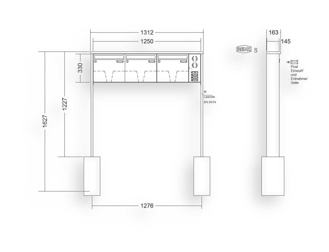 RENZ Briefkastenanlage freistehend · 3-teilig Installationskasten rechts 370 × 330 × 145 mm Edelstahl Tetro RENZ Briefkastenanlage freistehend · 3-teilig Installationskasten rechts 370 × 330 × 145 mm Edelstahl Tetro