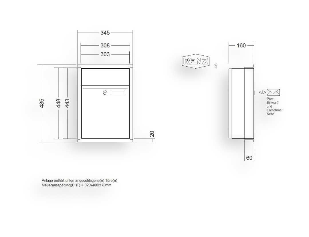RENZ Briefkastenanlage Unterputz · 1-teilig RENZ PLAN 300 × 440 × 160 mm UP lackiert RENZ Briefkastenanlage Unterputz · 1-teilig RENZ PLAN 300 × 440 × 160 mm UP lackiert