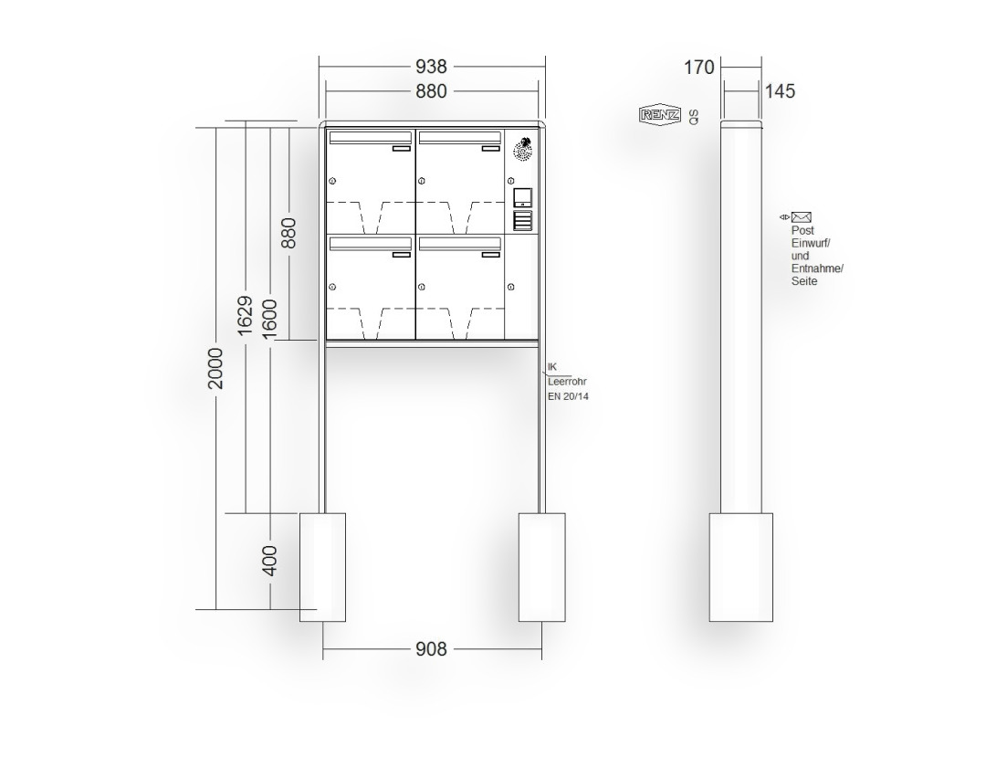 RENZ Briefkastenanlage freistehend · 4-teilig Installationskasten rechts 370 × 440 × 145 mm RS 2000 lackiert RENZ Briefkastenanlage freistehend · 4-teilig Installationskasten rechts 370 × 440 × 145 mm RS 2000 lackiert