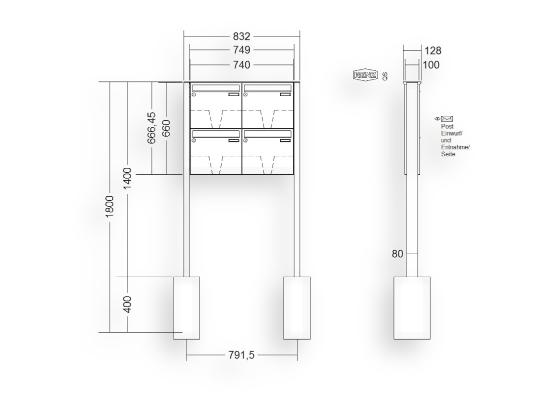RENZ Briefkastenanlage freistehend · BASIC (B) · 4-teilig 370 × 330 × 100 mm FS. Typ B Edel RENZ Briefkastenanlage freistehend · BASIC (B) · 4-teilig 370 × 330 × 100 mm FS. Typ B Edel