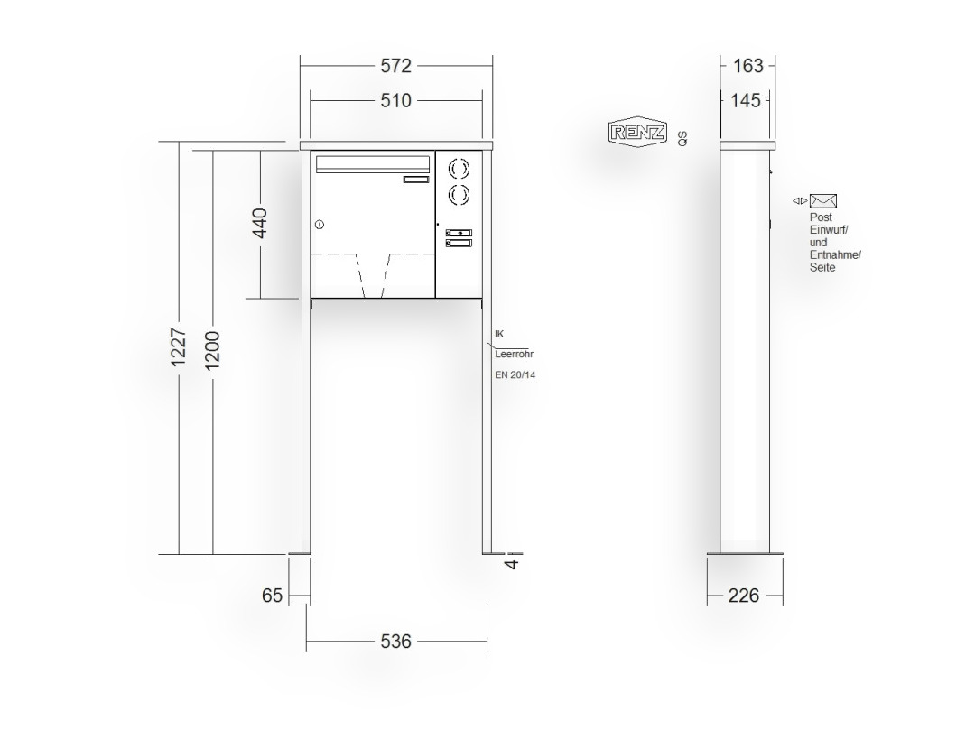 RENZ Briefkastenanlage freistehend · 1-teilig Installationskasten rechts 370 × 440 × 145 mm Edelstahl Tetro mit Fuß