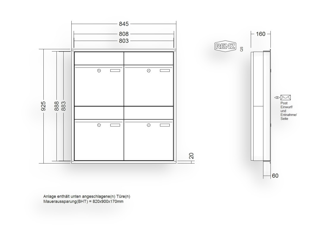 RENZ Briefkastenanlage Unterputz · 4-teilig RENZ PLAN 400 × 440 × 160 mm UP lackiert RENZ Briefkastenanlage Unterputz · 4-teilig RENZ PLAN 400 × 440 × 160 mm UP lackiert