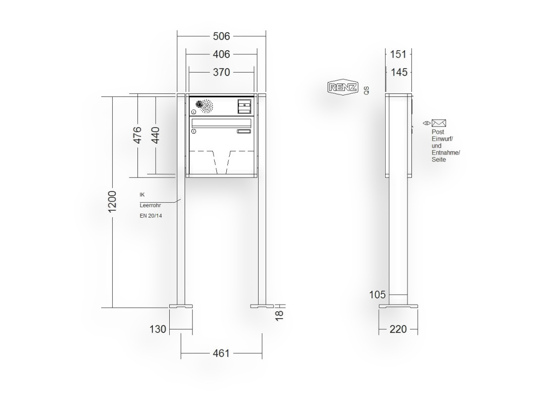 RENZ Briefkastenanlage freistehend · 1-teilig Installationskasten oben 370 × 330 × 145 mm QUADRA lackiert mit Fußp RENZ Briefkastenanlage freistehend · 1-teilig Installationskasten oben 370 × 330 × 145 mm QUADRA lackiert mit Fußp