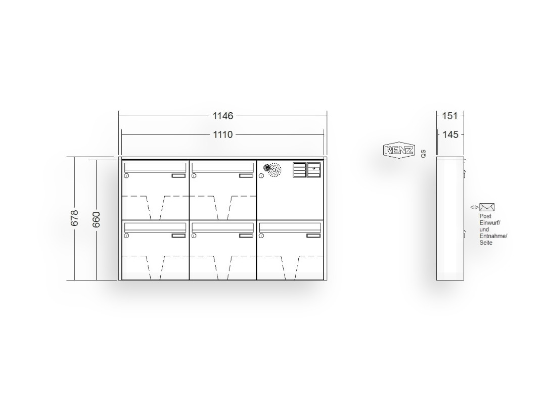 RENZ Briefkastenanlage Aufputz · 5-teilig Installationskasten rechts 370 × 330 × 145 mm QUADRA lackiert RENZ Briefkastenanlage Aufputz · 5-teilig Installationskasten rechts 370 × 330 × 145 mm QUADRA lackiert