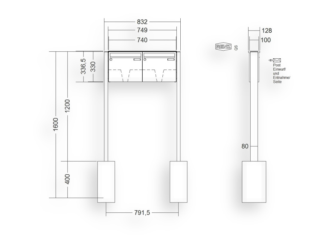 RENZ Briefkastenanlage freistehend · BASIC (B) · 2-teilig 370 × 330 × 100 mm FS. Typ B lackiert