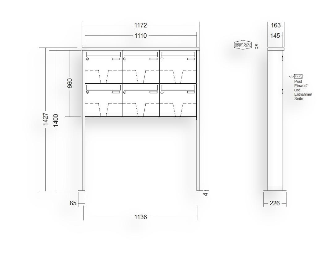 RENZ Briefkastenanlage freistehend · 6-teilig 370 × 330 × 145 mm Edelstahl Tetro mit Fußplatten RENZ Briefkastenanlage freistehend · 6-teilig 370 × 330 × 145 mm Edelstahl Tetro mit Fußplatten
