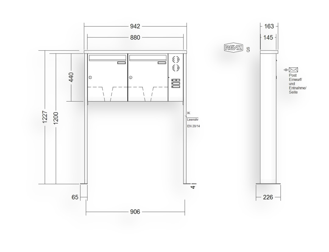 RENZ Briefkastenanlage freistehend · 2-teilig Installationskasten rechts 370 × 440 × 145 mm Edelstahl Tetro mit Fußpla RENZ Briefkastenanlage freistehend · 2-teilig Installationskasten rechts 370 × 440 × 145 mm Edelstahl Tetro mit Fu