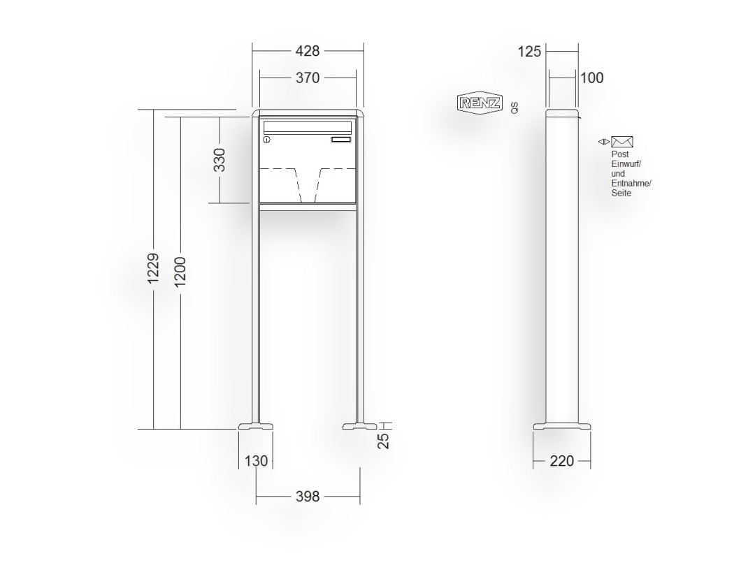 RENZ Briefkastenanlage freistehend · 1-teilig 370 × 330 × 100 mm RS 2000 lackiert mit Fuß RENZ Briefkastenanlage freistehend · 1-teilig 370 × 330 × 100 mm RS 2000 lackiert mit Fuß