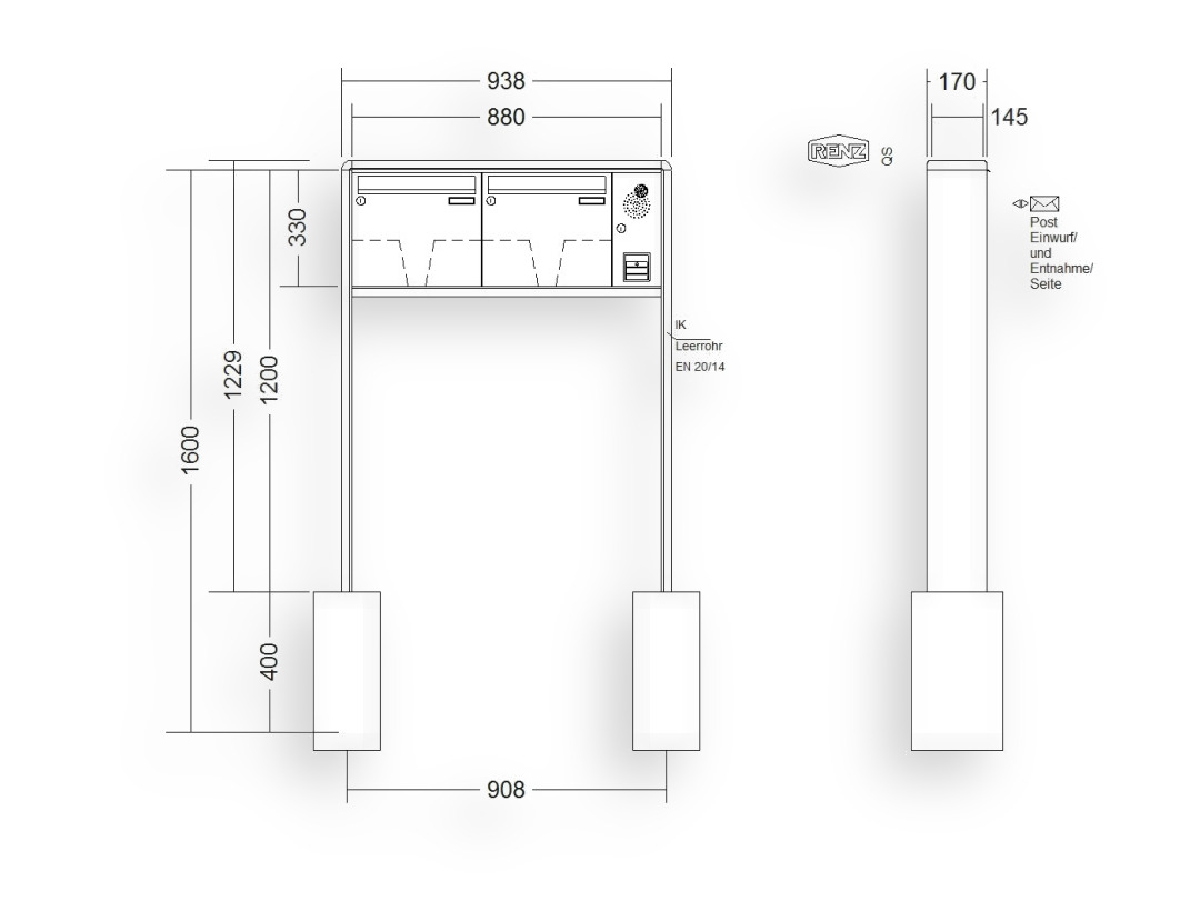 RENZ Briefkastenanlage freistehend · 2-teilig Installationskasten rechts 370 × 330 × 145 mm RS 2000 lackiert RENZ Briefkastenanlage freistehend · 2-teilig Installationskasten rechts 370 × 330 × 145 mm RS 2000 lackiert