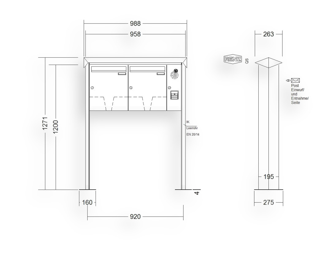 RENZ Briefkastenanlage freistehend · 2-teilig Installationskasten rechts 370 × 440 × 145 mm Prisma lackiert mit Fuß RENZ Briefkastenanlage freistehend · 2-teilig Installationskasten rechts 370 × 440 × 145 mm Prisma lackiert mit Fuß
