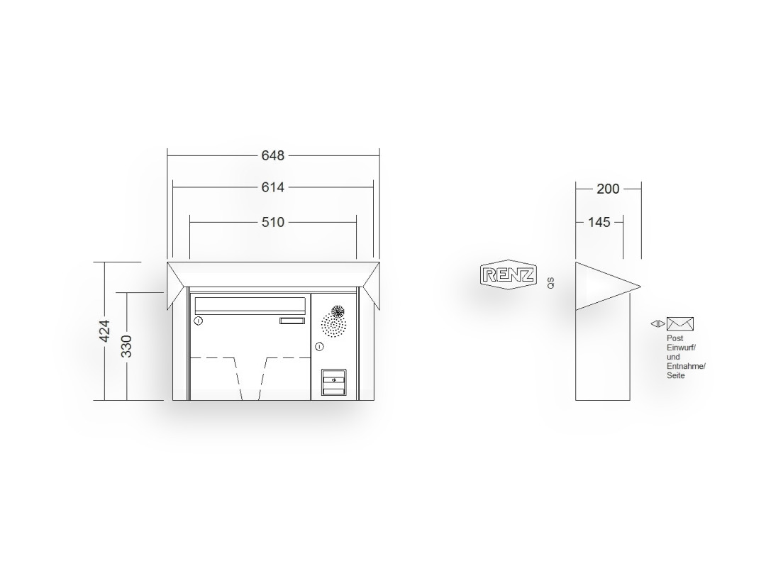 RENZ Briefkastenanlage Aufputz · 1-teilig Installationskasten rechts 370 × 330 × 145 mm Prisma lackiert RENZ Briefkastenanlage Aufputz · 1-teilig Installationskasten rechts 370 × 330 × 145 mm Prisma lackiert