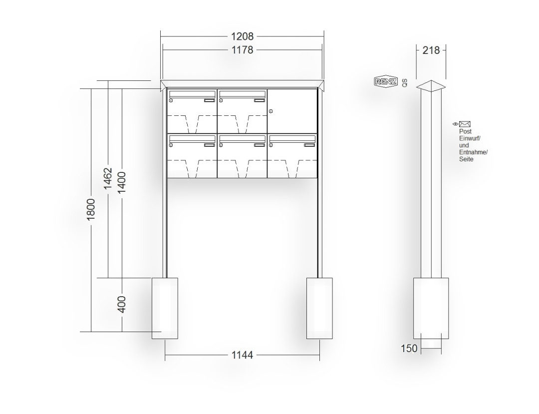 RENZ Briefkastenanlage freistehend · 5-teilig 370 × 330 × 100 mm Prisma lackiert RENZ Briefkastenanlage freistehend · 5-teilig 370 × 330 × 100 mm Prisma lackiert