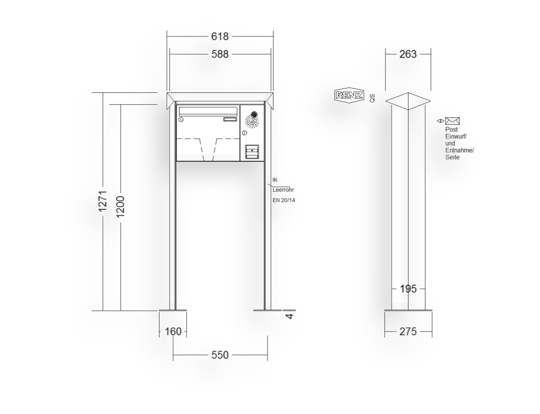 RENZ Briefkastenanlage freistehend · 1-teilig Installationskasten rechts 370 × 330 × 145 mm Prisma lackiert mit Fuß
