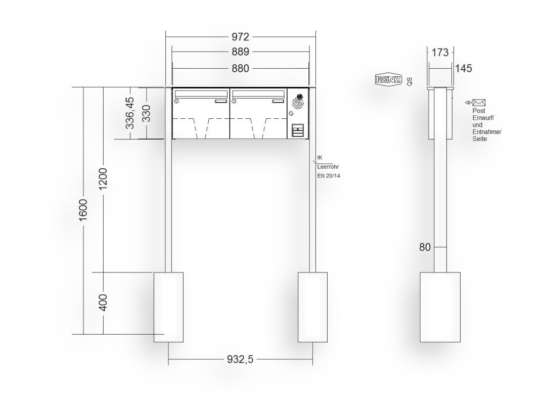RENZ Briefkastenanlage freistehend · BASIC (B) · 2-teilig 370 × 330 × 145 mm FS. Typ B Installationskasten rechts Edel RENZ Briefkastenanlage freistehend · BASIC (B) · 2-teilig 370 × 330 × 145 mm FS. Typ B Installationskasten rechts