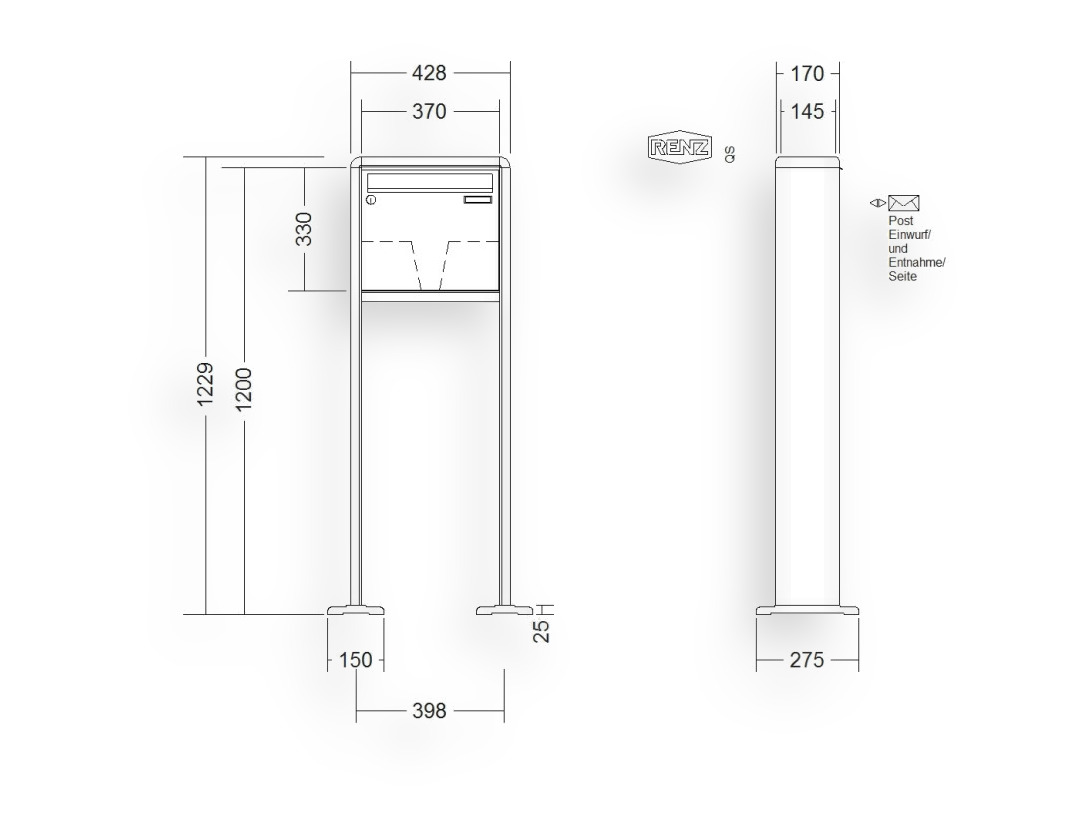 RENZ Briefkastenanlage freistehend · 1-teilig 370 × 330 × 145 mm RS 2000 lackiert mit Fuß RENZ Briefkastenanlage freistehend · 1-teilig 370 × 330 × 145 mm RS 2000 lackiert mit Fuß