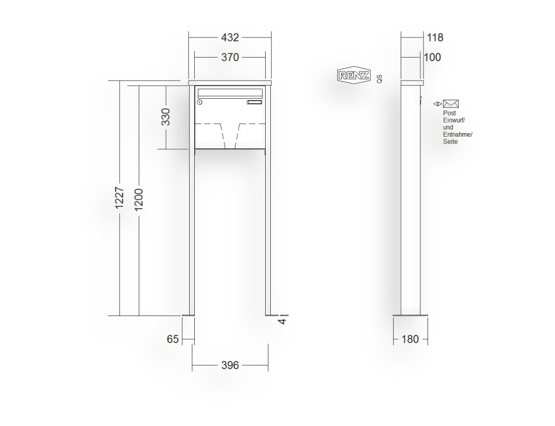 RENZ Briefkastenanlage freistehend · 1-teilig 370 × 330 × 100 mm Tetro lackiert mit Fuß RENZ Briefkastenanlage freistehend · 1-teilig 370 × 330 × 100 mm Tetro lackiert mit Fuß