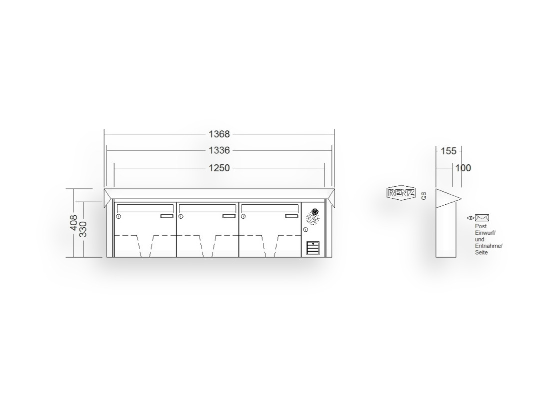 RENZ Briefkastenanlage Aufputz · 3-teilig Installationskasten rechts 370 × 330 × 100 mm Prisma lackiert RENZ Briefkastenanlage Aufputz · 3-teilig Installationskasten rechts 370 × 330 × 100 mm Prisma lackiert