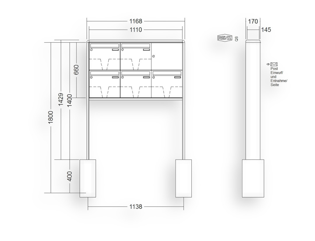 RENZ Briefkastenanlage freistehend · 5-teilig 370 × 330 × 145 mm RS 2000 lackiert RENZ Briefkastenanlage freistehend · 5-teilig 370 × 330 × 145 mm RS 2000 lackiert