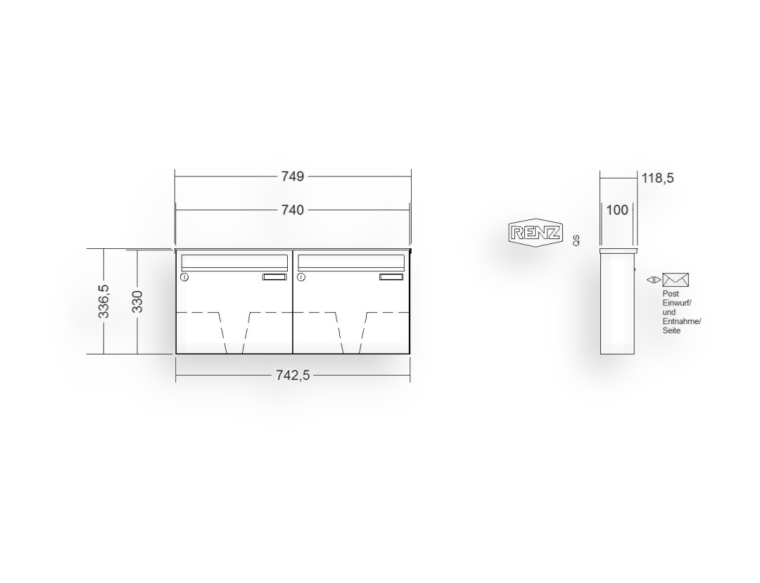 RENZ Briefkastenanlage Aufputz · BASIC (B) · 2-teilig 370 × 330 × 100 mm AP. Typ B lackiert RENZ Briefkastenanlage Aufputz · BASIC (B) · 2-teilig 370 × 330 × 100 mm AP. Typ B lackiert