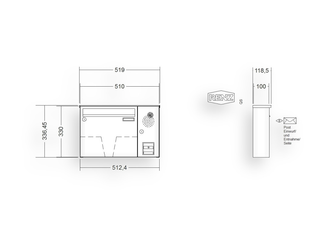 RENZ Briefkastenanlage Aufputz · BASIC (B) · 1-teilig 370 × 330 × 100 mm AP. Typ B Installationskasten rechts Edel RENZ Briefkastenanlage Aufputz · BASIC (B) · 1-teilig 370 × 330 × 100 mm AP. Typ B Installationskasten rechts Edel
