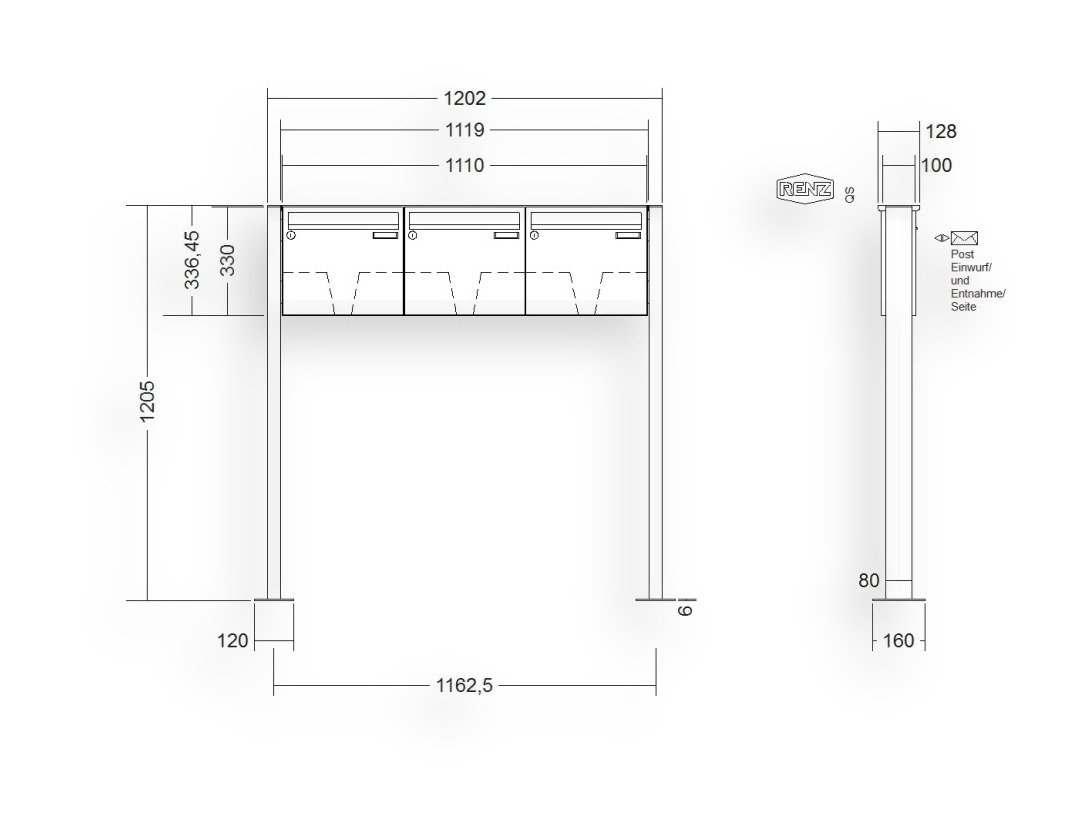 RENZ Briefkastenanlage freistehend · BASIC (B) · 3-teilig 370 × 330 × 100 mm FS. Typ B Edel. mit Fußplatte RENZ Briefkastenanlage freistehend · BASIC (B) · 3-teilig 370 × 330 × 100 mm FS. Typ B Edel. mit Fußplatte