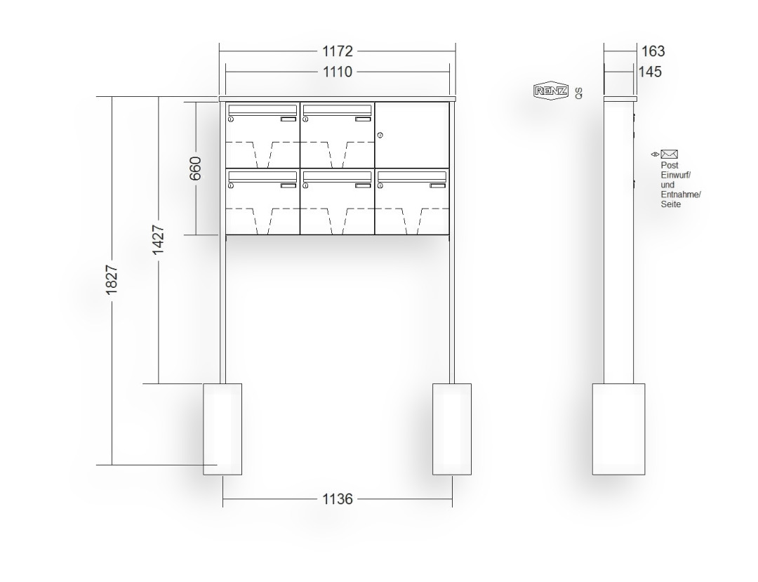 RENZ Briefkastenanlage freistehend · 5-teilig 370 × 330 × 145 mm Edelstahl Tetro RENZ Briefkastenanlage freistehend · 5-teilig 370 × 330 × 145 mm Edelstahl Tetro