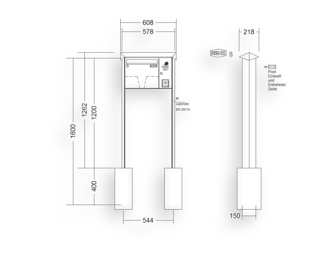 RENZ Briefkastenanlage freistehend · 1-teilig Installationskasten rechts 370 × 330 × 100 mm Prisma lackiert RENZ Briefkastenanlage freistehend · 1-teilig Installationskasten rechts 370 × 330 × 100 mm Prisma lackiert