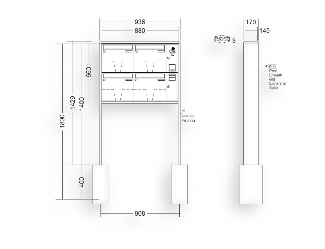 RENZ Briefkastenanlage freistehend · 4-teilig Installationskasten rechts 370 × 330 × 145 mm RS 2000 lackiert RENZ Briefkastenanlage freistehend · 4-teilig Installationskasten rechts 370 × 330 × 145 mm RS 2000 lackiert