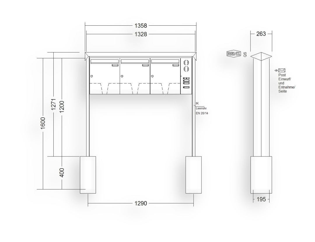 RENZ Briefkastenanlage freistehend · 3-teilig Installationskasten rechts 370 × 440 × 145 mm Edelstahl Prisma RENZ Briefkastenanlage freistehend · 3-teilig Installationskasten rechts 370 × 440 × 145 mm Edelstahl Prisma