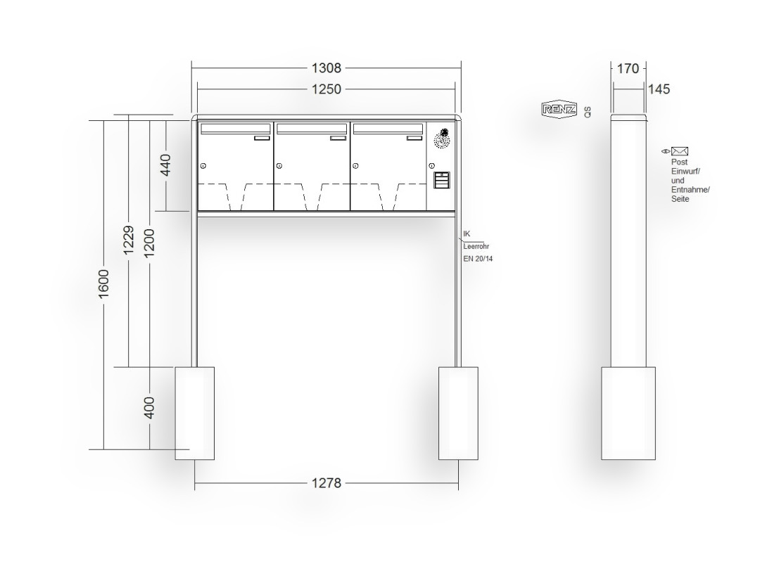 RENZ Briefkastenanlage freistehend · 3-teilig Installationskasten rechts 370 × 440 × 145 mm RS 2000 lackiert RENZ Briefkastenanlage freistehend · 3-teilig Installationskasten rechts 370 × 440 × 145 mm RS 2000 lackiert