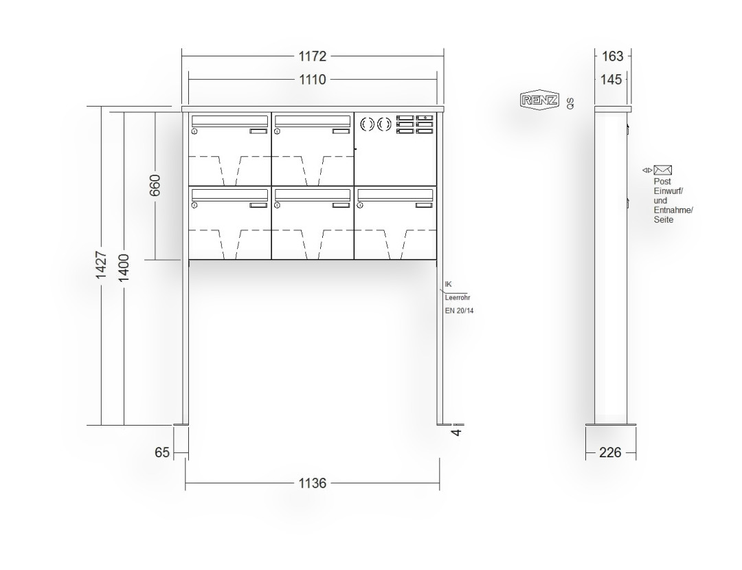 RENZ Briefkastenanlage freistehend · 5-teilig Installationskasten rechts 370 × 330 × 145 mm Edelstahl Tetro mit Fußplat RENZ Briefkastenanlage freistehend · 5-teilig Installationskasten rechts 370 × 330 × 145 mm Edelstahl Tetro mit Fu
