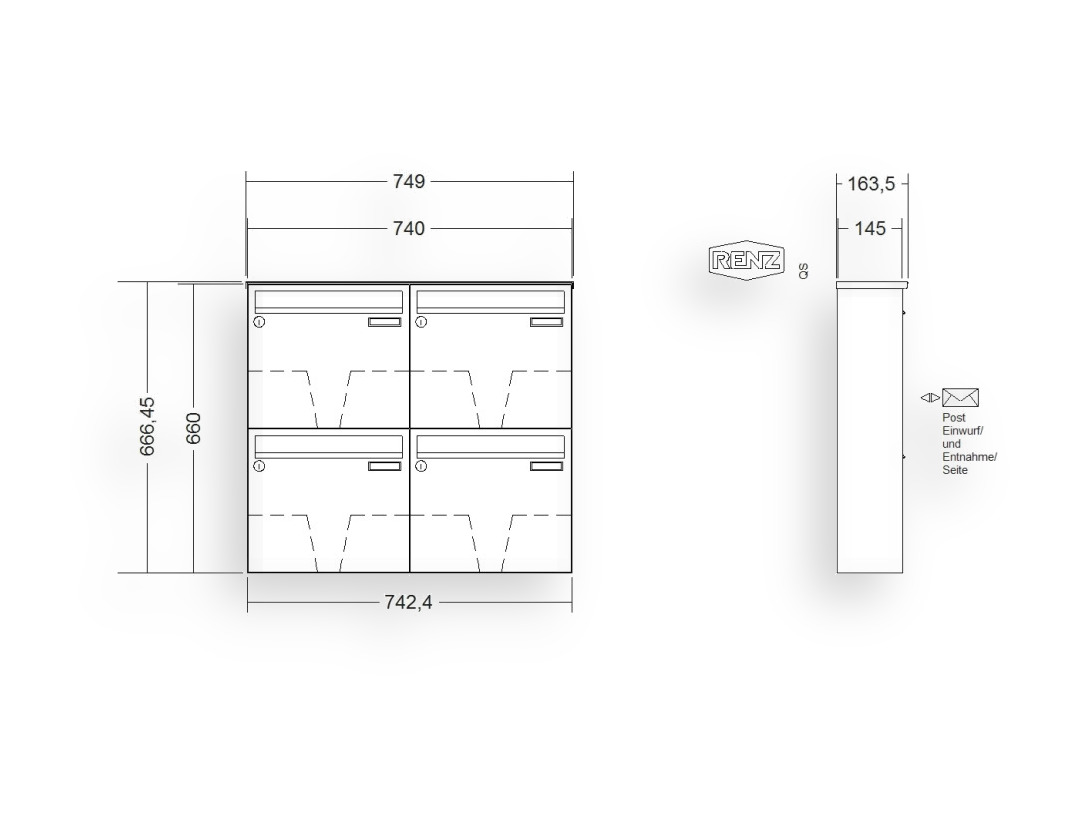 RENZ Briefkastenanlage Aufputz · BASIC (B) · 4-teilig 370 × 330 × 145 mm AP. Typ B Edel RENZ Briefkastenanlage Aufputz · BASIC (B) · 4-teilig 370 × 330 × 145 mm AP. Typ B Edel