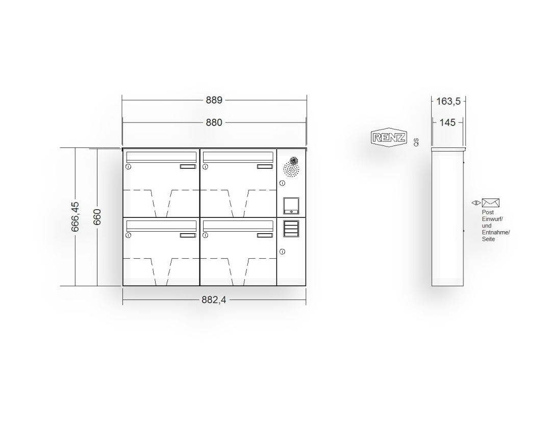 RENZ Briefkastenanlage Aufputz · BASIC (B) · 4-teilig 370 × 330 × 145 mm AP. Typ B Installationskasten rechts Edel RENZ Briefkastenanlage Aufputz · BASIC (B) · 4-teilig 370 × 330 × 145 mm AP. Typ B Installationskasten rechts Edel
