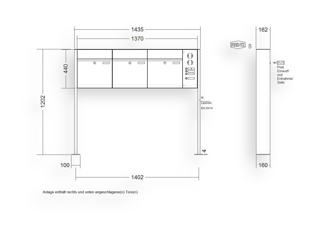 RENZ Briefkastenanlage freistehend · 3-teilig RENZ PLAN 400 × 440 × 160 mm FS Installationskasten rechts lackiert