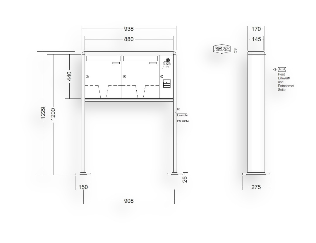 RENZ Briefkastenanlage freistehend · 2-teilig Installationskasten rechts 370 × 440 × 145 mm RS 2000 lackiert mit Fuß RENZ Briefkastenanlage freistehend · 2-teilig Installationskasten rechts 370 × 440 × 145 mm RS 2000 lackiert mit F