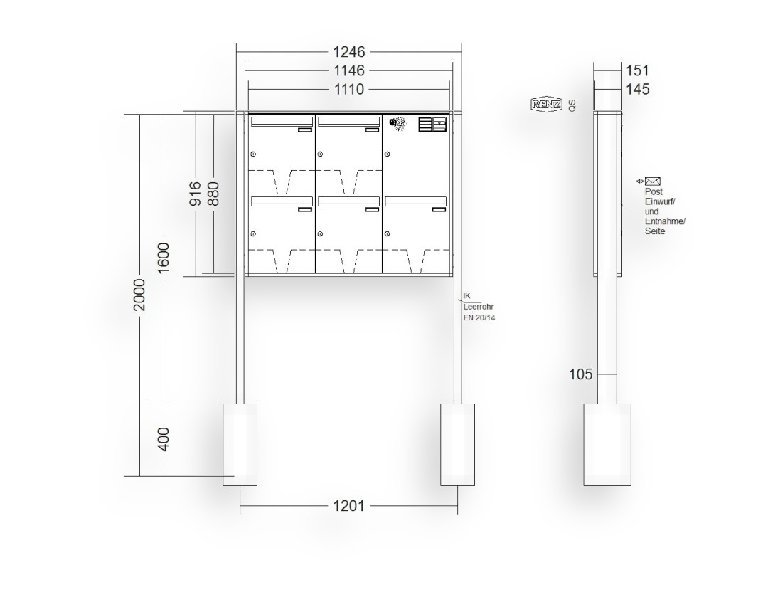 RENZ Briefkastenanlage freistehend · 5-teilig Installationskasten rechts 370 × 440 × 145 mm QUADRA lackiert RENZ Briefkastenanlage freistehend · 5-teilig Installationskasten rechts 370 × 440 × 145 mm QUADRA lackiert