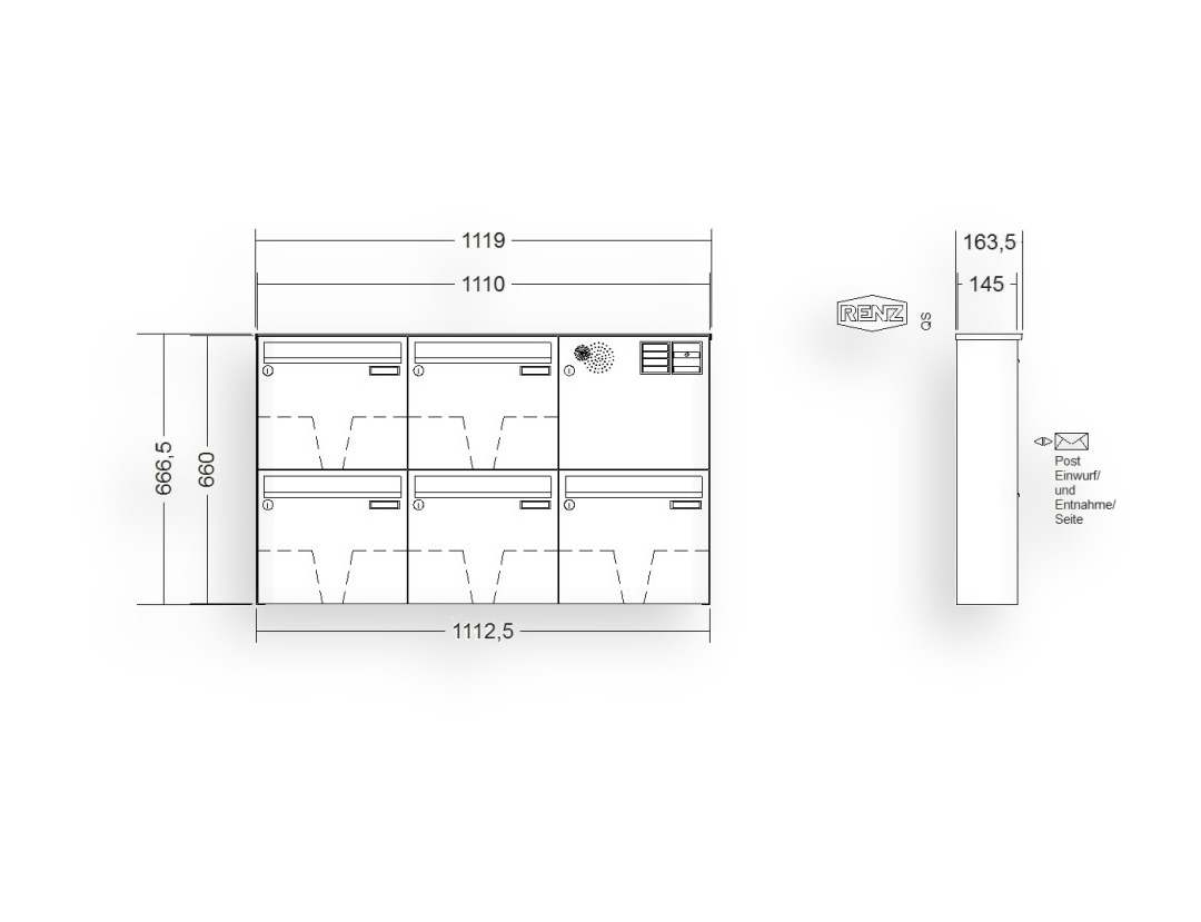 RENZ Briefkastenanlage Aufputz · BASIC (B) · 5-teilig 370 × 330 × 145 mm AP. Typ B Installationskasten rechts lackiert RENZ Briefkastenanlage Aufputz · BASIC (B) · 5-teilig 370 × 330 × 145 mm AP. Typ B Installationskasten rechts lack