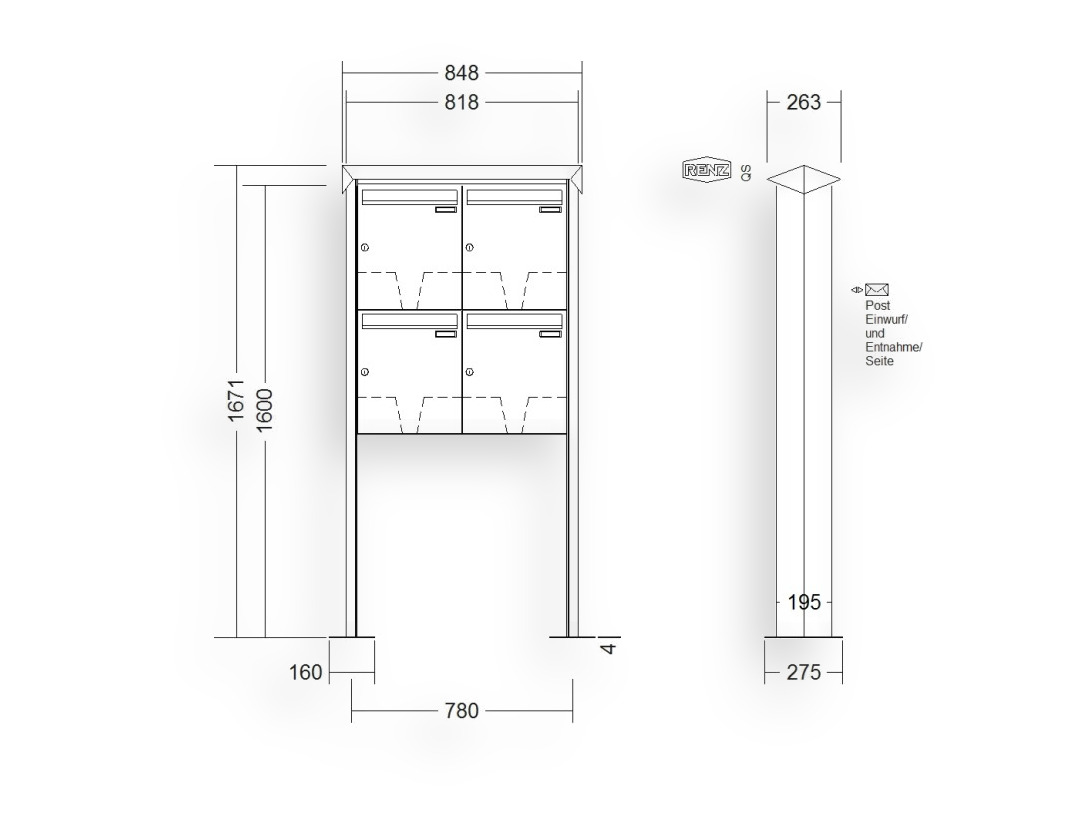 RENZ Briefkastenanlage freistehend · 4-teilig 370 × 440 × 145 mm Edelstahl Prisma mit Fußplatten RENZ Briefkastenanlage freistehend · 4-teilig 370 × 440 × 145 mm Edelstahl Prisma mit Fußplatten