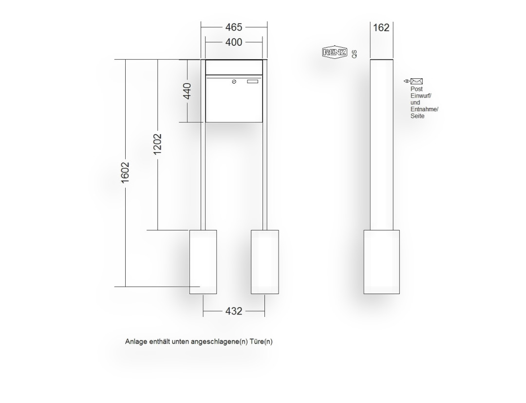 RENZ Briefkastenanlage freistehend · 1-teilig RENZ PLAN 400 × 440 × 160 mm FS Edelstahl RENZ Briefkastenanlage freistehend · 1-teilig RENZ PLAN 400 × 440 × 160 mm FS Edelstahl