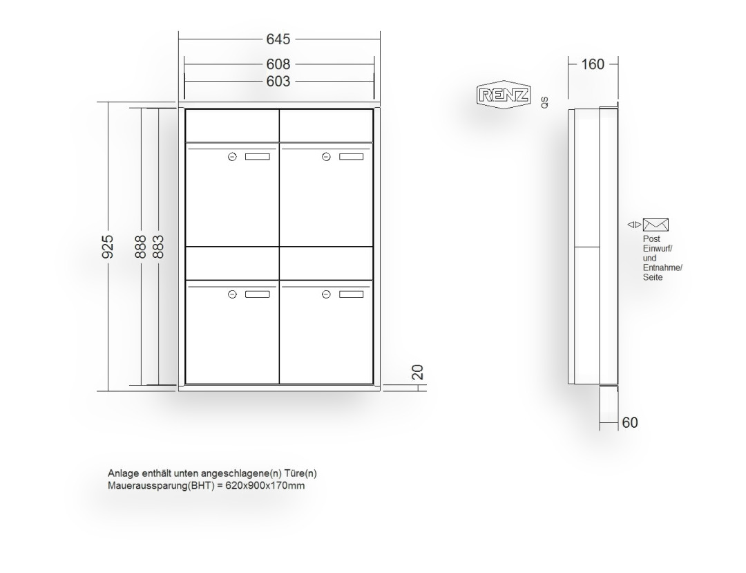 RENZ Briefkastenanlage Unterputz · 4-teilig RENZ PLAN 300 × 440 × 160 mm UP Edelstahl RENZ Briefkastenanlage Unterputz · 4-teilig RENZ PLAN 300 × 440 × 160 mm UP Edelstahl