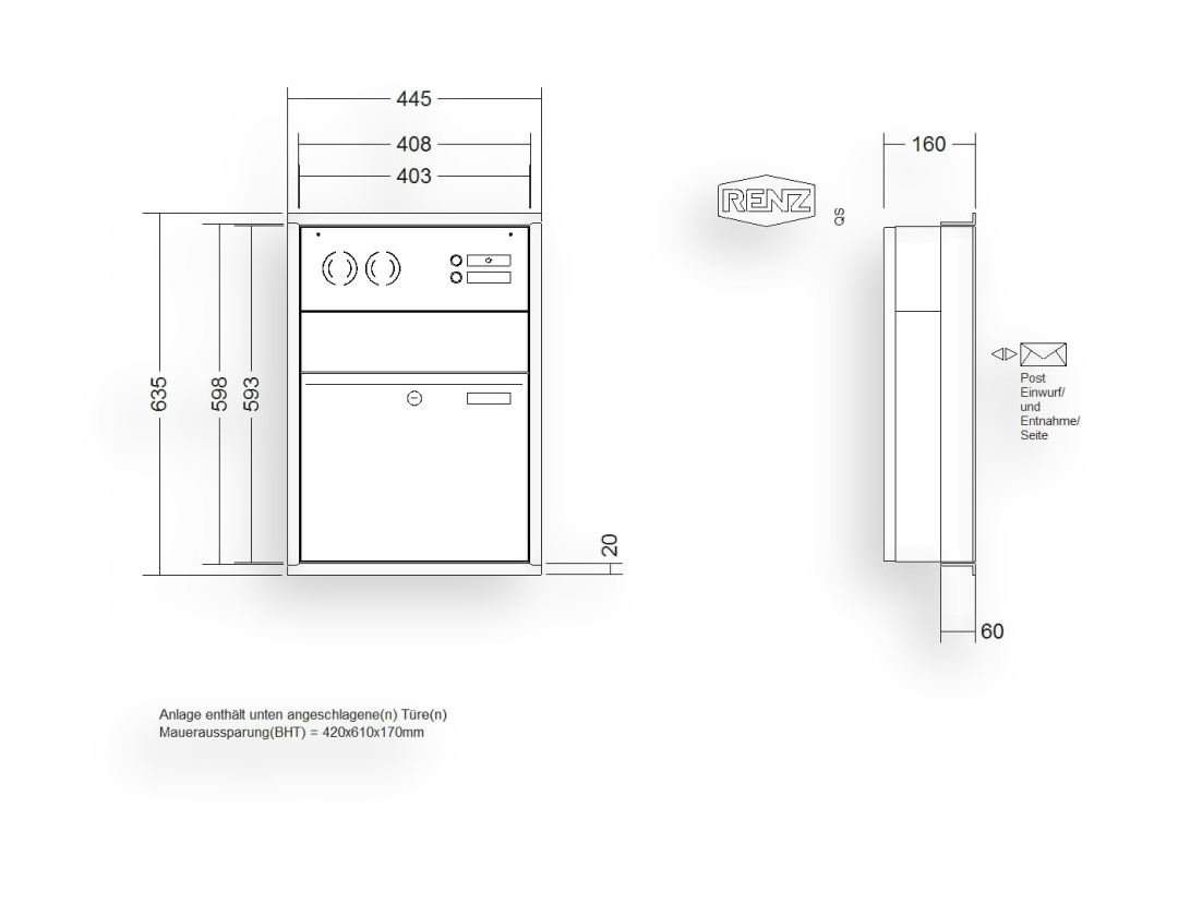 RENZ Briefkastenanlage Unterputz · 1-teilig RENZ PLAN 400 × 440 × 160 mm UP Inst. lackiert RENZ Briefkastenanlage Unterputz · 1-teilig RENZ PLAN 400 × 440 × 160 mm UP Inst. lackiert