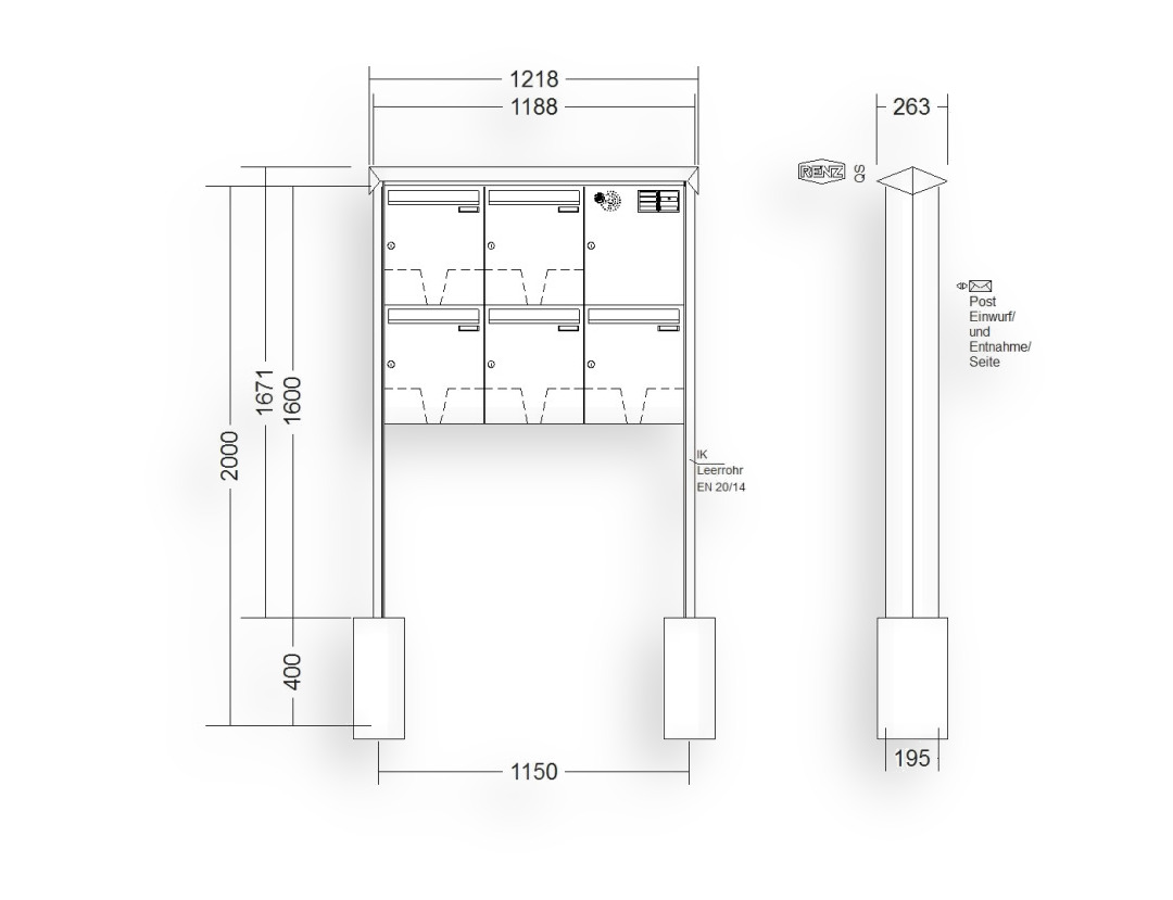 RENZ Briefkastenanlage freistehend · 5-teilig Installationskasten rechts 370 × 440 × 145 mm Prisma lackiert