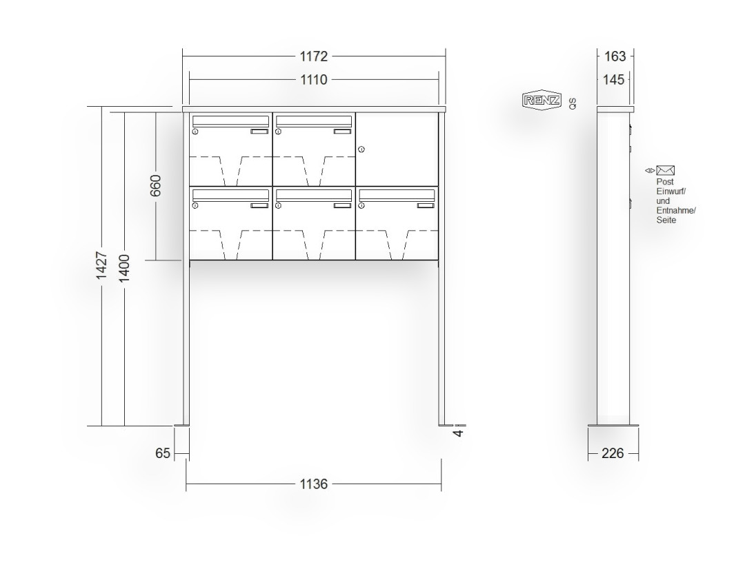 RENZ Briefkastenanlage freistehend · 5-teilig 370 × 330 × 145 mm Edelstahl Tetro mit Fußplatten RENZ Briefkastenanlage freistehend · 5-teilig 370 × 330 × 145 mm Edelstahl Tetro mit Fußplatten